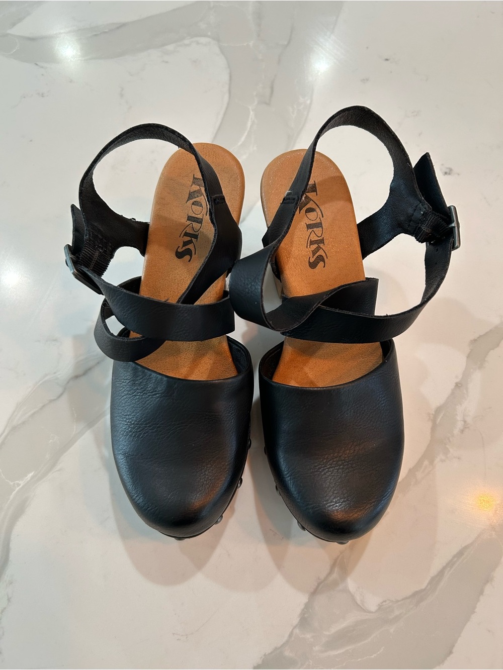 Korks Black Leather Slingback Clogs 6